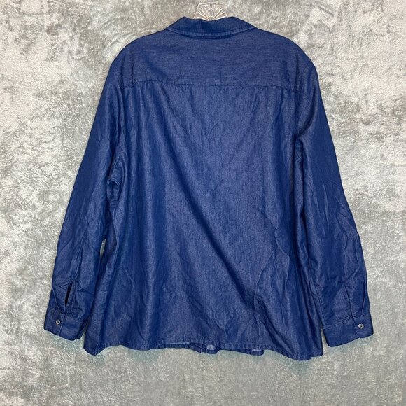 Blair Women Embroidered Bird Cardinal Blue Chambray Roll Tab Collared Shirt XL - Picture 3 of 11